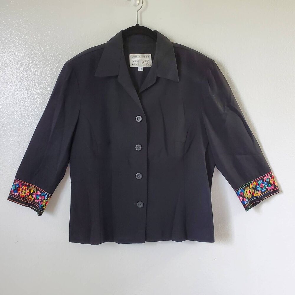 Vintage Dani Max Womens 16 Suit Jacket Black 3/4 Sleeve Embroidered Button Short